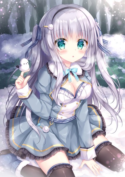 Anime picture 1000x1412 with original kohinata hoshimi single long hair tall image looking at viewer blush fringe breasts open mouth sitting holding payot silver hair outdoors aqua eyes wind arm support :o two side up