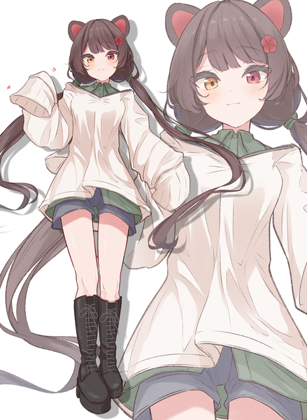 Anime picture 3100x4234 with virtual youtuber nijisanji inui toko nishiki yuno single long hair tall image looking at viewer highres simple background brown hair white background twintails animal ears absurdres long sleeves heterochromia low twintails lacing zoom layer