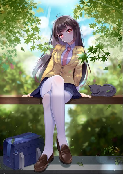 Anime picture 1465x2071 with original fengli (709622571) single long hair tall image looking at viewer blush fringe smile red eyes brown hair sitting signed payot sky cloud (clouds) full body ahoge bent knee (knees) outdoors