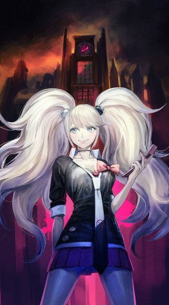 Anime picture 554x1000 with dangan ronpa enoshima junko naoko (artist) single long hair tall image fringe blue eyes smile twintails looking away silver hair from below girl bow choker necktie building (buildings) mobile phone