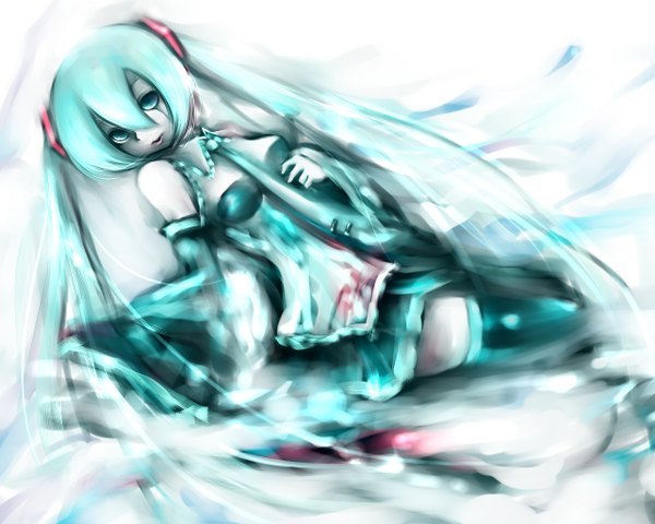Anime picture 1280x1024 with vocaloid hatsune miku tsukei single looking at viewer fringe hair between eyes twintails very long hair aqua eyes aqua hair reclining girl detached sleeves necktie blood