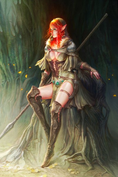 Anime picture 801x1200 with xiaobotong single long hair tall image breasts light erotic green eyes looking away cleavage pointy ears orange hair elf lacing girl weapon plant (plants) tree (trees) knee boots forest knife