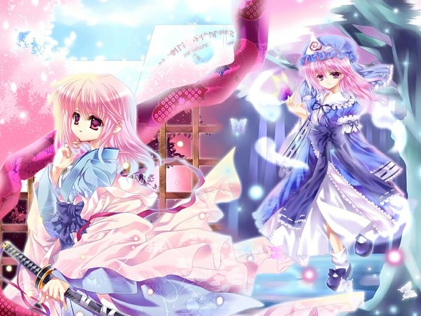 Anime picture 1024x768 with touhou saigyouji yuyuko saigyouji yuyuko (living) capura lin long hair multiple girls pink hair traditional clothes japanese clothes pink eyes light smile sheathed dual persona girl weapon 2 girls hat sword kimono insect