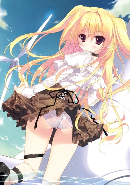 Anime picture 2110x3000 with irotoridori no sekai nikaidou shinku tsurusaki takahiro single long hair tall image highres light erotic blonde hair red eyes sky cloud (clouds) looking back from behind dress lift girl dress underwear panties choker