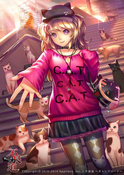Anime picture 707x1000 with furyou michi ~gang road~ shadowgrave single long hair tall image blonde hair purple eyes inscription outstretched arm hieroglyph rhombus girl skirt hat animal pantyhose choker pendant building (buildings) cat