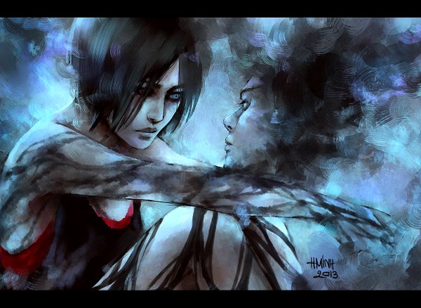 Anime picture 1300x950 with original nanfe short hair blue eyes black hair bare shoulders signed couple girl boy