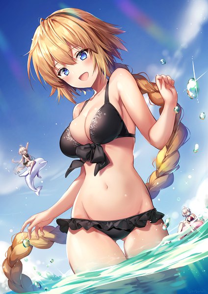 Anime picture 566x800 with fate (series) fate/grand order jeanne d'arc (fate) (all) jeanne d'arc alter (fate) jeanne d'arc alter (swimsuit berserker) (fate) jeanne d'arc (swimsuit archer) riichu tall image looking at viewer blush fringe breasts open mouth blue eyes light erotic blonde hair smile hair between eyes large breasts standing