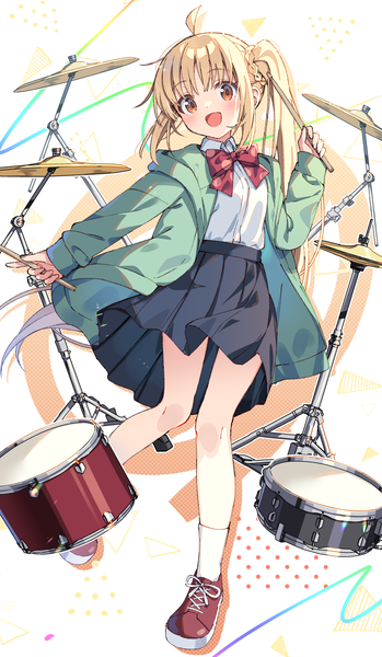 Anime picture 1213x2088 with bocchi the rock! cloverworks ijichi nijika zoirun single tall image looking at viewer blush open mouth blonde hair red eyes full body ahoge very long hair :d pleated skirt side ponytail girl skirt uniform