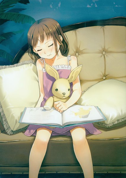 Anime picture 2458x3471 with original tnk (yoshida seiji) - fleurette yoshida seiji single long hair tall image highres brown hair bare shoulders eyes closed scan bare legs sleeping girl pillow book (books) toy stuffed animal couch stuffed toy