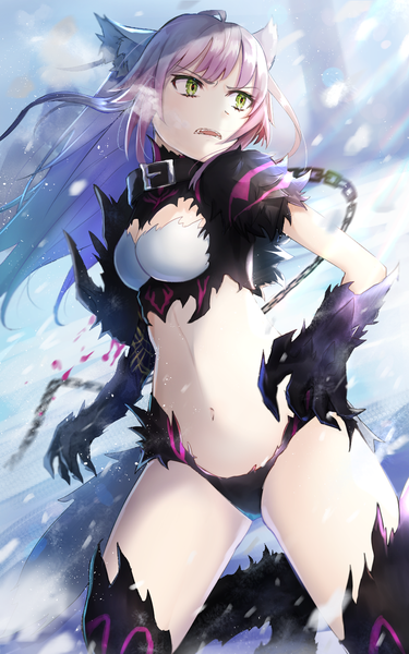 Anime picture 900x1440 with fate (series) fate/grand order atalanta (fate) atalanta (alter) (fate) omelet tomato single long hair tall image blush fringe breasts open mouth light erotic green eyes animal ears payot looking away cleavage silver hair full body