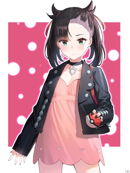 Anime picture 3000x3990 with pokemon pokemon (game) pokemon swsh nintendo marnie (pokemon) arjent single long hair tall image blush fringe highres black hair standing twintails green eyes nail polish open jacket black nail polish girl