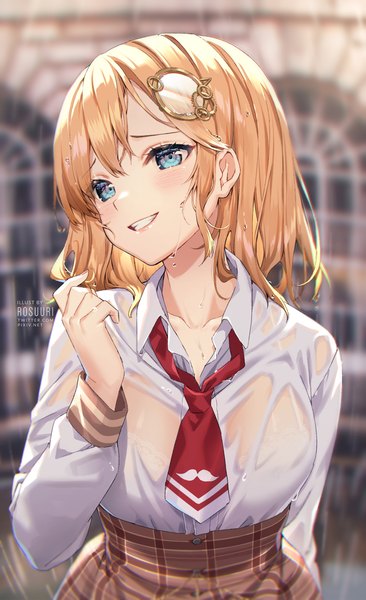Anime picture 1000x1638 with virtual youtuber hololive hololive english watson amelia rosuuri single tall image looking at viewer blush fringe short hair blue eyes light erotic blonde hair smile hair between eyes standing signed upper body long sleeves