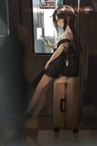 Anime picture 2582x3861 with original amanai daisy single long hair tall image fringe highres brown hair standing holding brown eyes payot full body ponytail profile light smile short sleeves looking down strap slip train interior