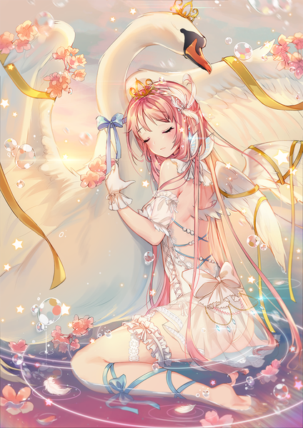 Anime picture 800x1131 with original snow is single long hair tall image fringe light erotic sitting bare shoulders pink hair sky cloud (clouds) eyes closed barefoot from behind bare legs sparkle short sleeves hug partially submerged