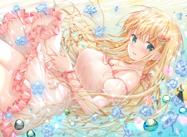 Anime picture 1280x935 with original inagaki minami sousouman single long hair looking at viewer blush fringe breasts open mouth blonde hair smile hair between eyes large breasts green eyes signed :d underwater hands clasped interlocked fingers