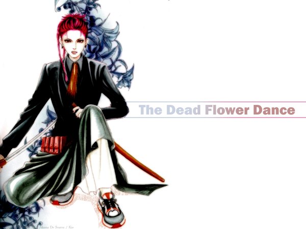 Аниме картинка 1600x1200 с дьявол существует (манга) takeru edogawa один (одна) короткие волосы простой фон белый фон карие глаза красные волосы губы мужчина цветок (цветы) серёжки меч