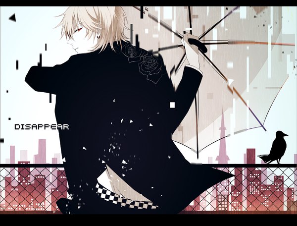 Anime picture 900x685 with original zxs1103 single looking at viewer fringe short hair blonde hair hair between eyes red eyes sitting holding long sleeves nail polish profile looking back from behind inscription text city letterboxed