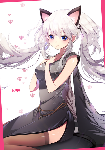Anime picture 700x1000 with original sorolp single long hair tall image blush fringe breasts blue eyes smile sitting twintails animal ears looking away silver hair tail animal tail cat ears cat tail sleeveless
