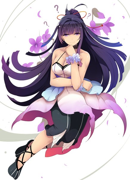 Anime picture 582x800 with original sts single long hair tall image looking at viewer white background purple eyes purple hair girl dress flower (flowers) petals