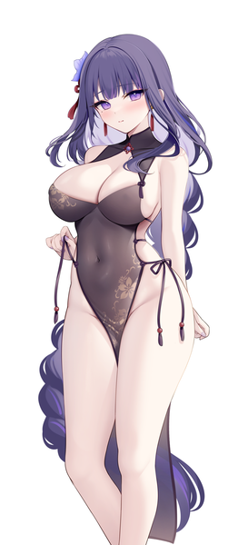 Anime picture 2500x5493 with genshin impact raiden shogun miko (royal milk) single tall image looking at viewer blush fringe highres breasts light erotic simple background large breasts standing white background purple eyes purple hair blunt bangs braid (braids) very long hair