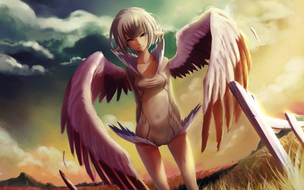 Anime picture 1680x1050 with original fuka (artist) fukafusa (artist) single looking at viewer highres short hair breasts blonde hair smile red eyes wide image sky cloud (clouds) pointy ears spread legs wallpaper hands behind back mountain angel wings