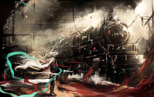 Anime picture 1100x698 with original asahiro single red eyes white hair very long hair girl boots scarf steam locomotive