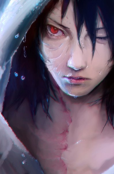 Anime picture 1147x1734 with naruto studio pierrot naruto (series) uchiha obito bossmonsterbani single long hair tall image fringe black hair hair between eyes red eyes looking away upper body one eye closed lips realistic wet portrait scar