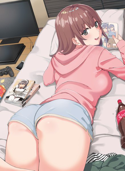Anime picture 1404x1920 with original coca-cola nuko (mikupantu) single tall image looking at viewer blush fringe short hair breasts open mouth light erotic hair between eyes brown hair large breasts holding payot ass lying long sleeves