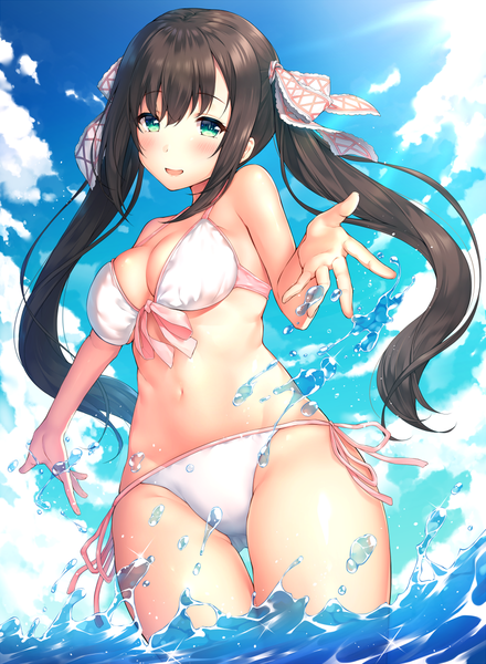Anime picture 823x1123 with original yomono single long hair tall image looking at viewer blush fringe breasts open mouth light erotic black hair smile hair between eyes large breasts standing twintails bare shoulders payot sky