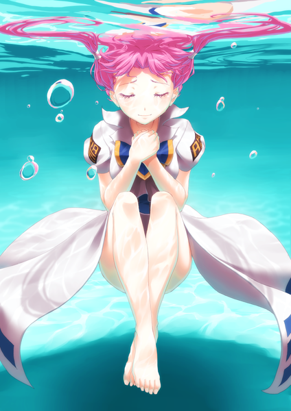 Anime picture 800x1131 with aria mizunashi akari nigiriushi single long hair tall image fringe smile twintails pink hair bent knee (knees) barefoot bare legs no shoes reflection underwater girl dress water bubble (bubbles)