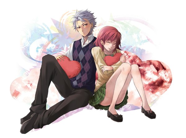 Anime picture 1083x800 with tokimeki memorial girls' side banbi shitara seiji hachina blush short hair red eyes sitting red hair eyes closed light smile grey hair orange eyes couple hug plaid skirt open collar rhombus girl boy