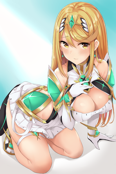 Anime picture 2584x3872 with xenoblade xenoblade 2 mythra (xenoblade) tetora (yumejihuka) single long hair tall image looking at viewer blush fringe highres breasts light erotic simple background blonde hair hair between eyes large breasts bare shoulders yellow eyes payot