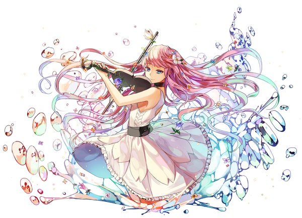 Anime picture 2000x1446 with original kim eb single long hair fringe highres blue eyes simple background smile standing white background bare shoulders holding looking away pink hair multicolored hair hair flower aqua hair sleeveless floating hair