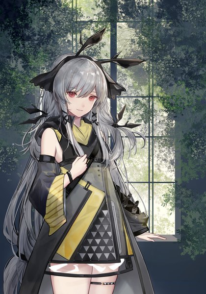 Anime picture 3217x4600 with arknights weedy (arknights) kelou single tall image looking at viewer fringe highres hair between eyes red eyes standing absurdres silver hair very long hair transparent girl dress hair ornament detached sleeves x hair ornament