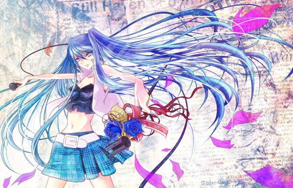 Anime picture 1500x964 with vocaloid hatsune miku blue eyes twintails bare shoulders blue hair midriff girl skirt navel flower (flowers) ribbon (ribbons) choker rose (roses) microphone blue rose