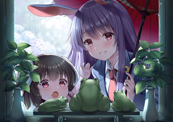 Anime picture 1414x1000 with touhou reisen udongein inaba inaba tewi yuuka nonoko long hair looking at viewer short hair open mouth black hair smile multiple girls animal ears purple hair pink eyes arm up bunny ears grin rain girl 2 girls