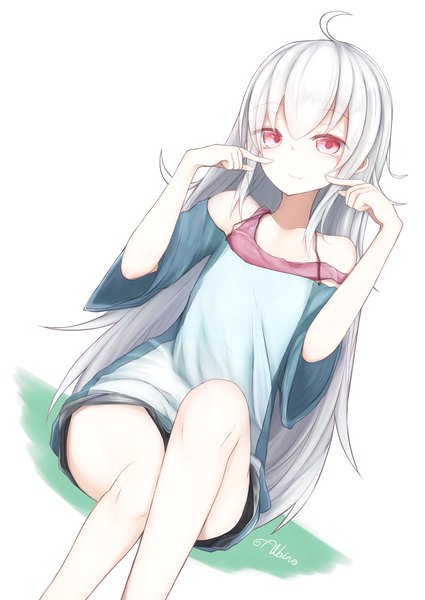 Anime picture 1200x1694 with original hanetsuki touka single long hair tall image looking at viewer fringe simple background hair between eyes white background sitting bare shoulders signed payot ahoge white hair pink eyes light smile wide sleeves bare legs