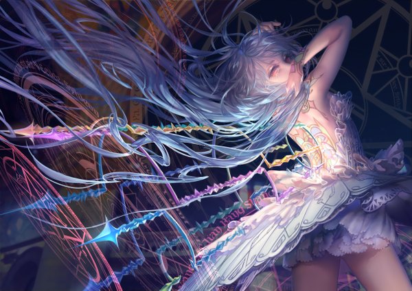 Anime picture 2480x1754 with original mayoimayoi single looking at viewer highres blue hair very long hair pink eyes looking back turning head back magic abstract bodypaint girl dress frills magic circle