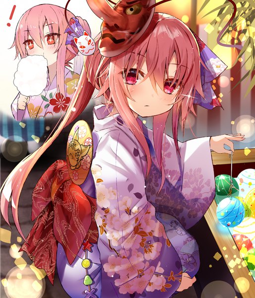 Anime picture 1285x1500 with touhou hata no kokoro efe long hair tall image looking at viewer blush fringe hair between eyes red eyes holding pink hair outdoors traditional clothes japanese clothes pink eyes alternate costume floral print symbol-shaped pupils squat