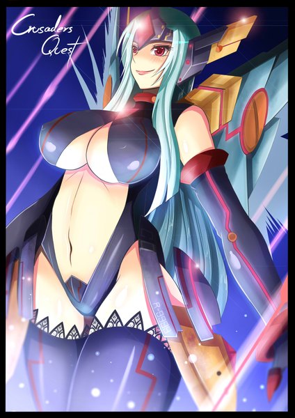 Anime picture 2893x4092 with crusaders quest (game) r-9999 (crusaders quest) torahime (roland00) single long hair tall image blush highres breasts light erotic smile red eyes large breasts aqua hair erect nipples covered nipples girl thighhighs gloves navel