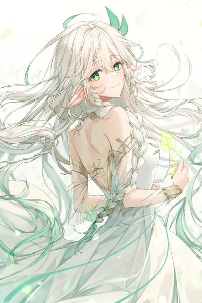Anime picture 1377x2066 with genshin impact rukkhadevata (genshin impact) taya oco single long hair tall image looking at viewer fringe breasts smile hair between eyes standing bare shoulders green eyes white hair braid (braids) looking back multicolored hair pointy ears from behind