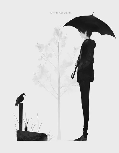 Anime picture 2050x2632 with original aoi ogata single tall image highres short hair standing holding signed full body profile monochrome hand in pocket boy plant (plants) animal tree (trees) bird (birds) umbrella grass