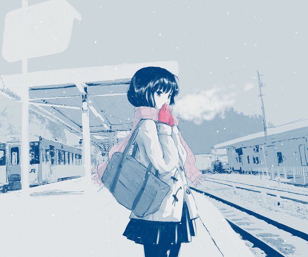 Anime picture 1920x1600 with original emukami single fringe highres short hair standing looking away outdoors monochrome winter exhalation spot color cold waiting girl gloves scarf school bag coat