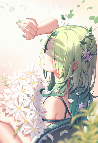Anime picture 1433x2073 with virtual youtuber hololive hololive english ceres fauna kuri (animejpholic) single long hair tall image blush fringe simple background signed eyes closed nail polish head tilt profile arm up hair flower horn (horns) fingernails