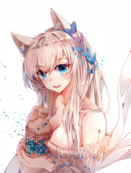 Anime picture 1456x1927 with original baocaizi single long hair tall image looking at viewer fringe breasts open mouth blue eyes light erotic blonde hair simple background large breasts white background bare shoulders animal ears cleavage upper body girl