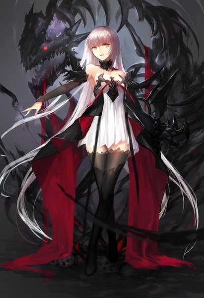 Anime picture 1219x1778 with original pixiv fantasia pixiv fantasia t swd3e2 tall image fringe open mouth standing bare shoulders yellow eyes looking away pink hair white hair long sleeves very long hair multicolored hair arm up teeth fang (fangs) zettai ryouiki