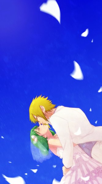 Anime picture 650x1170 with macross macross frontier ranka lee brera sterne tall image short hair blonde hair smile standing sky eyes closed profile green hair light smile couple hug happy face to face almost kiss wedding