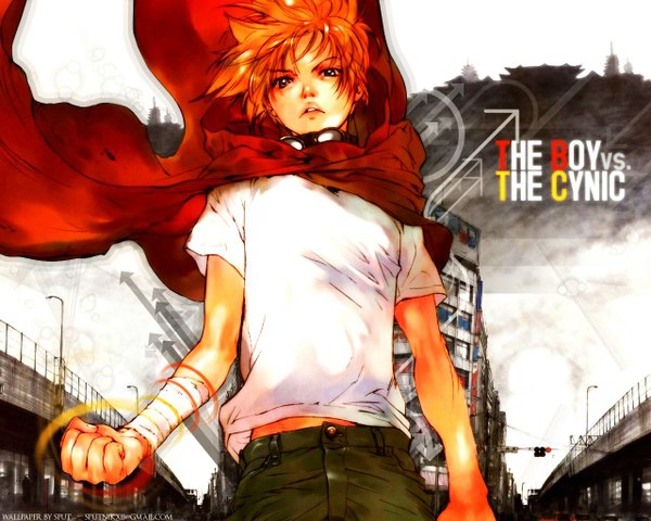 Anime picture 1280x1024 with tagme (artist) short hair orange hair city boy glasses pants cloak t-shirt fist