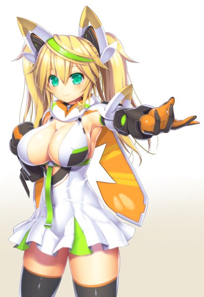 Anime picture 1500x2176 with phantasy star phantasy star online 2 sega gene (pso2) asamura hiori single long hair tall image looking at viewer blush breasts light erotic blonde hair simple background smile large breasts white background twintails green eyes multicolored hair