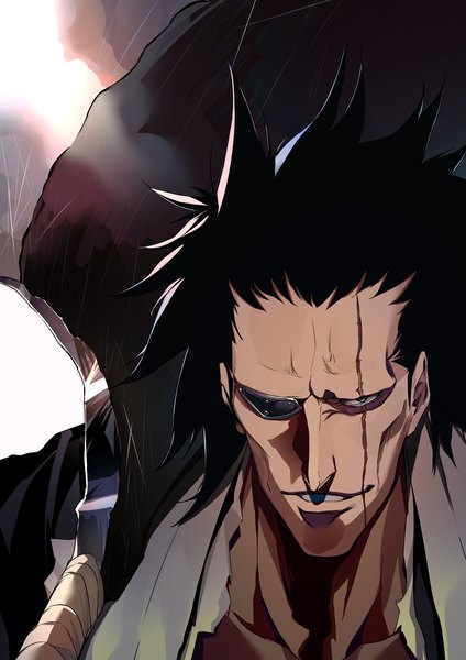 Anime picture 1416x2006 with bleach studio pierrot zaraki kenpachi ibaraki shun single tall image looking at viewer short hair upper body traditional clothes japanese clothes scar spiked hair weapon over shoulder boy weapon sword eyepatch zanpakto